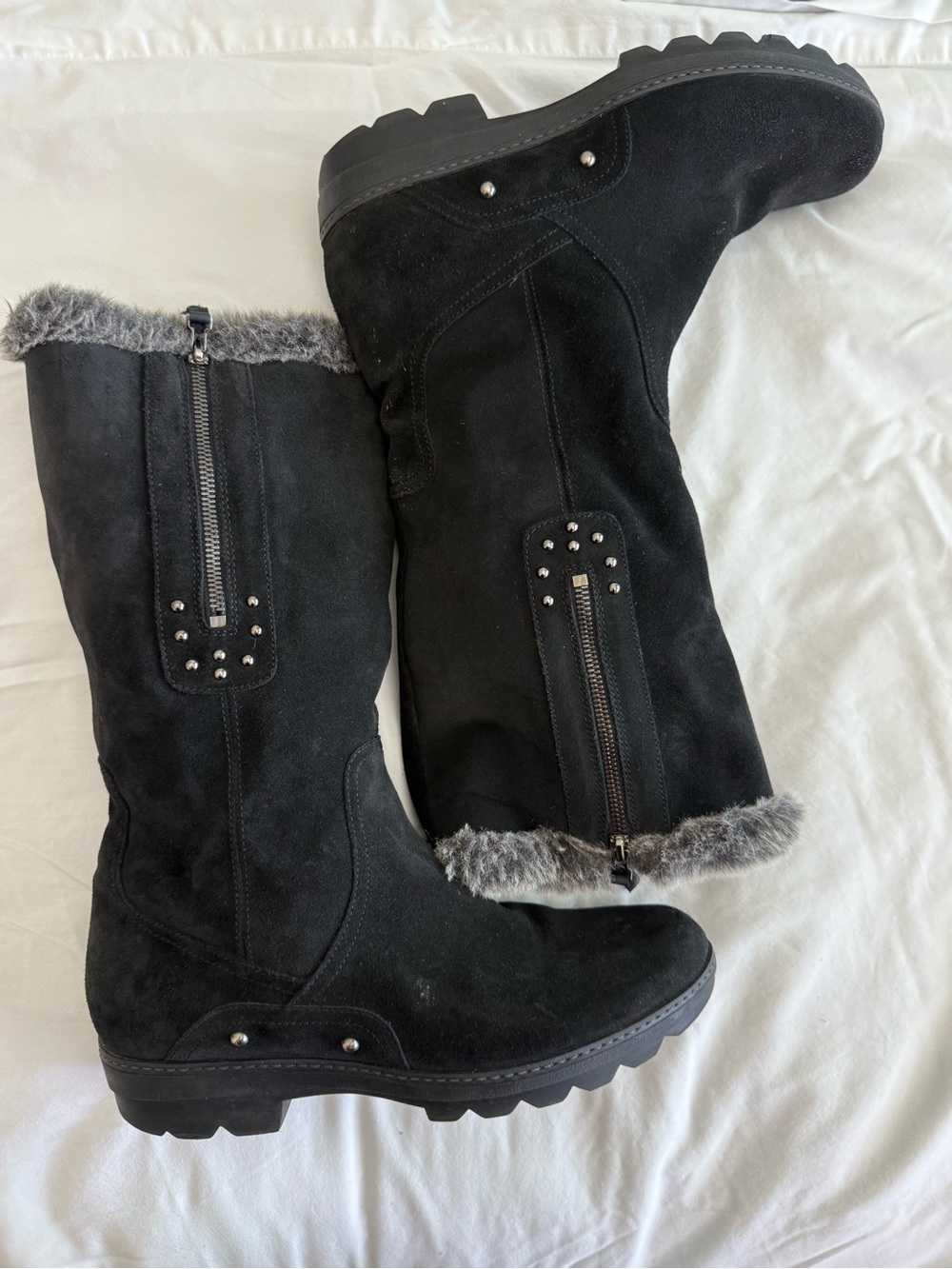 Aquatalia Black Suede Faux-Fur Trim Winter Boots